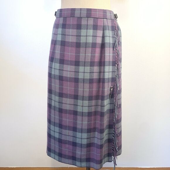 JAMES PRINGLE WEAVERS Ferguson Tartan Pleated Kilt & Scarf Buckles Wool Purple - Picture 3 of 15